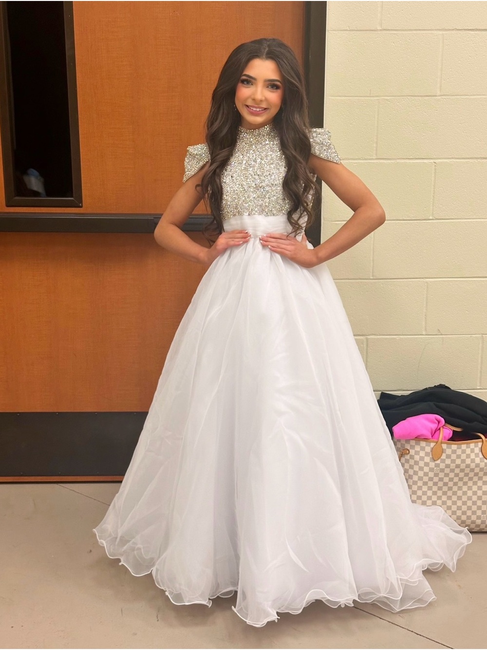 Girls White Beaded Tulle Formal Gown with High Neck